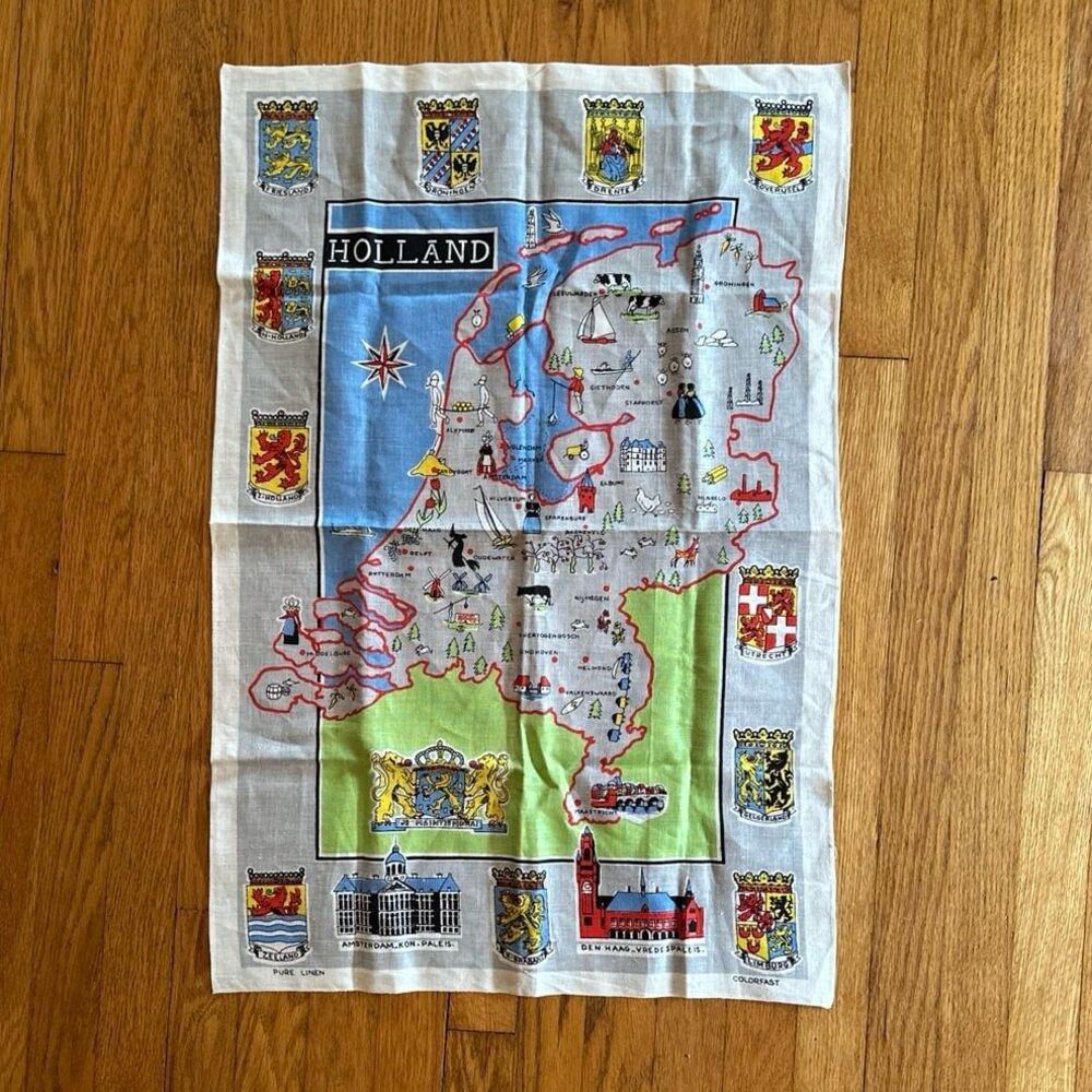 Vintage Holland Map Kitchen Towel 20 x 31” Souvenir Tea Towel Wall Hanging